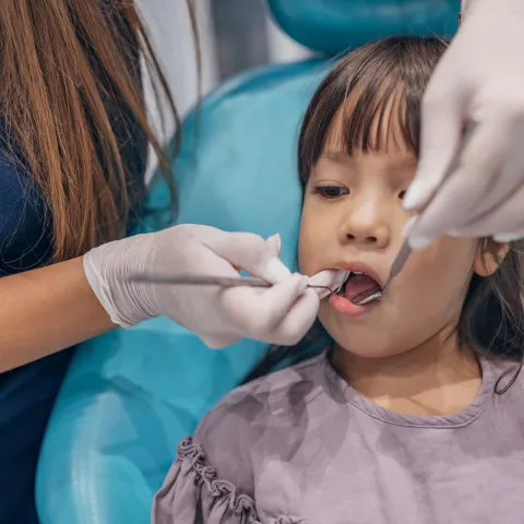 Female dentist examining her little girl patient teeth in dentist's office.