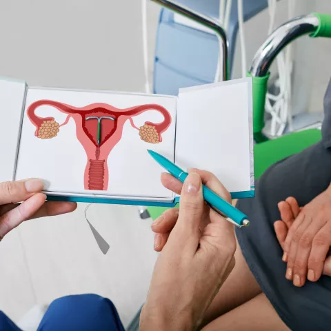 gynecologist showing female patient intrauterine contraceptive device or coil to prevent pregnancy while consultation