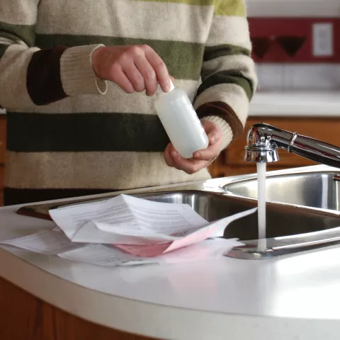 Guy holding a water testing bottle near the sink