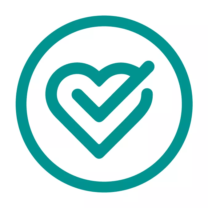 Icon depicting a checkmark within a heart shape inside of a circle.