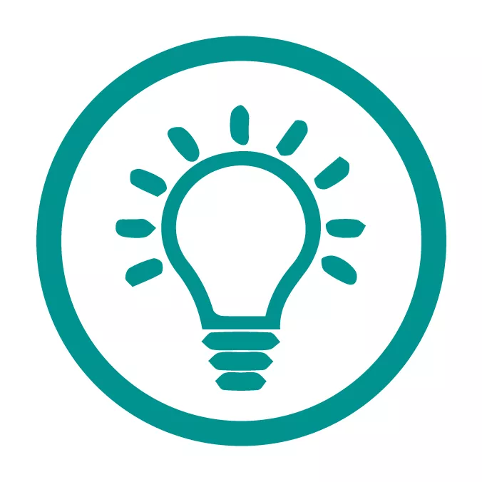Icon depicting a lit lightbulb inside of a circle.