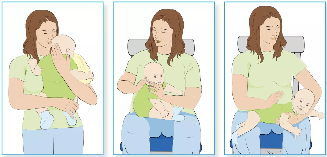 A three-paneled illustration of various proper positions for burping infants.