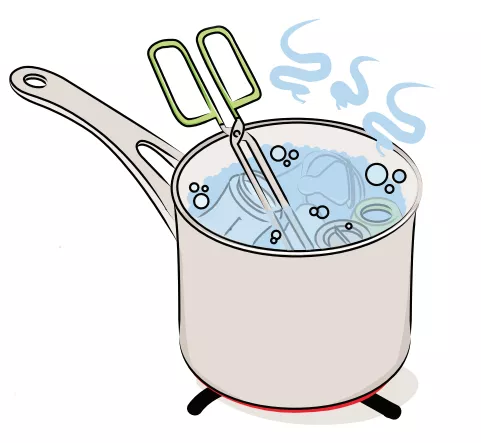 An illustration of equipment being sterilized in a pot with hot water.