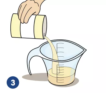 An illustration of a can of formula being poured into a clear measuring cup.