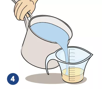 An illustration of a pot of water being added to a measuring cup of formula.