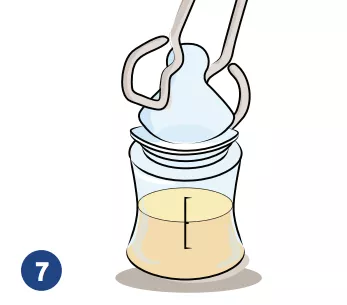 An illustration of sterilized tongs gripping the nipple of a bottle.