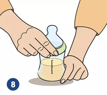 An illustration of hands tightening a ring onto the top of a bottle filled with formula.