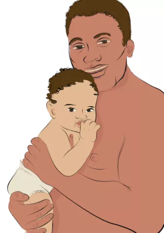 An illustration of a father practicing skin-to-skin contact with a baby.