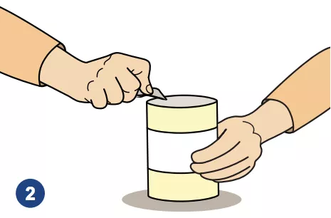 An illustration depicting hands opening a can of infant formula with a manual can opener.