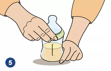 An illustration of hands tightening a ring onto the top of a bottle filled with formula.