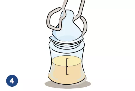 An illustration of sterilized tongs gripping the nipple of a bottle.