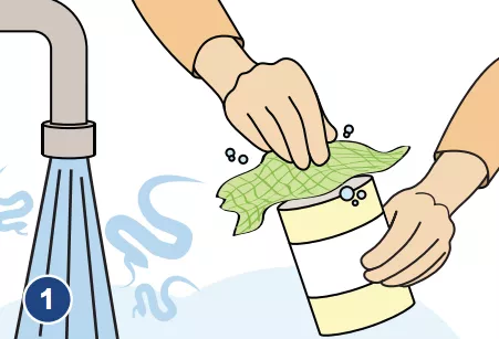 An illustration depicting hands washing the top of a can of infant formula.