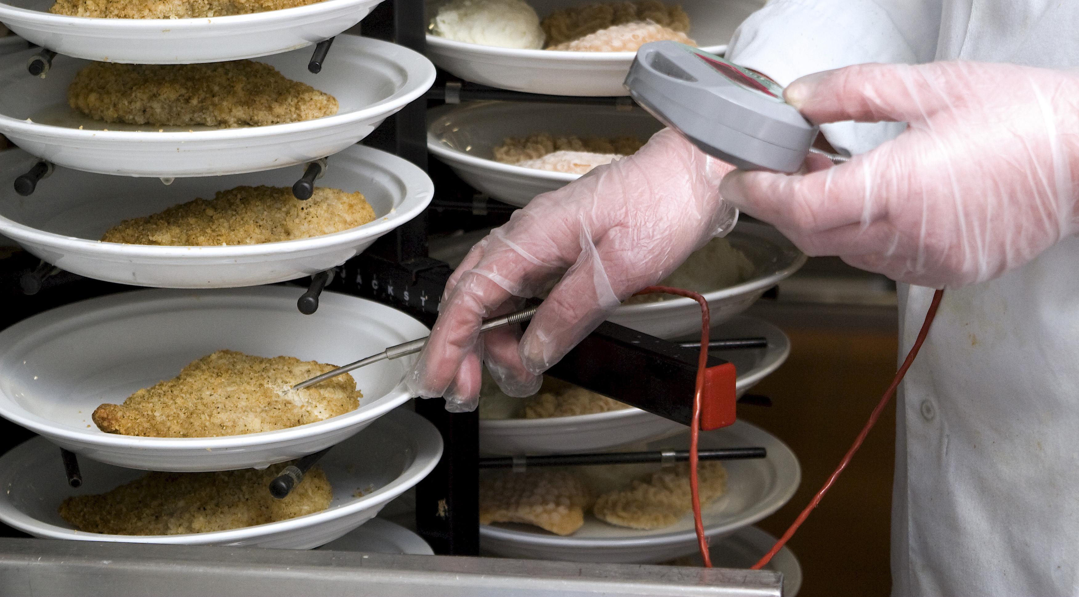Chef checking temperature of meat with thermometer.