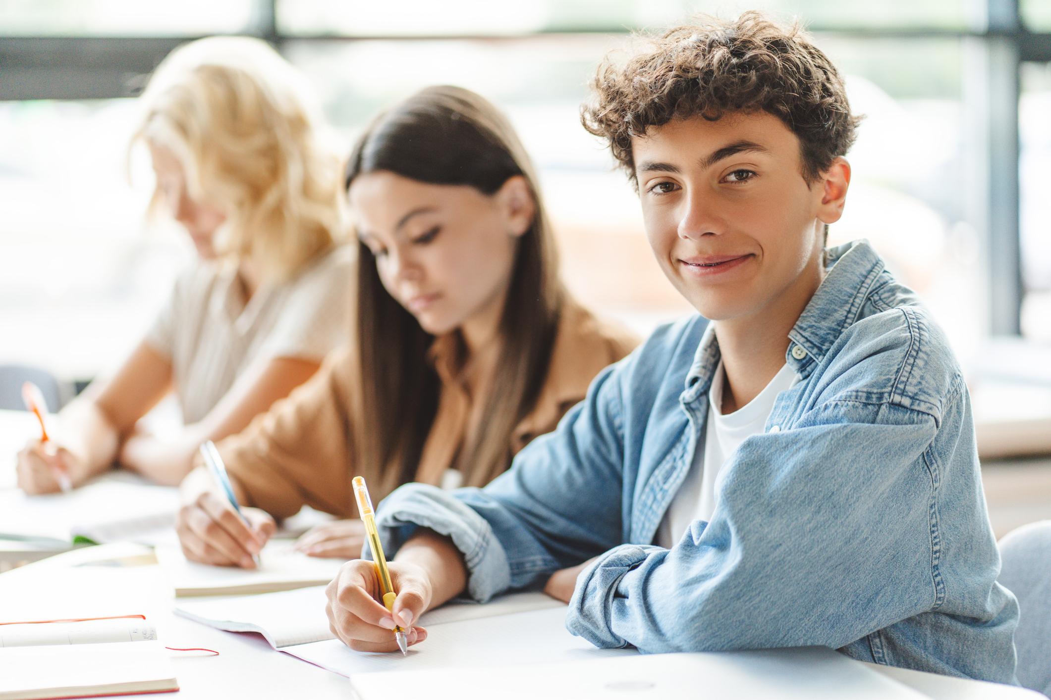 Portrait of smart schoolmates studying together, 