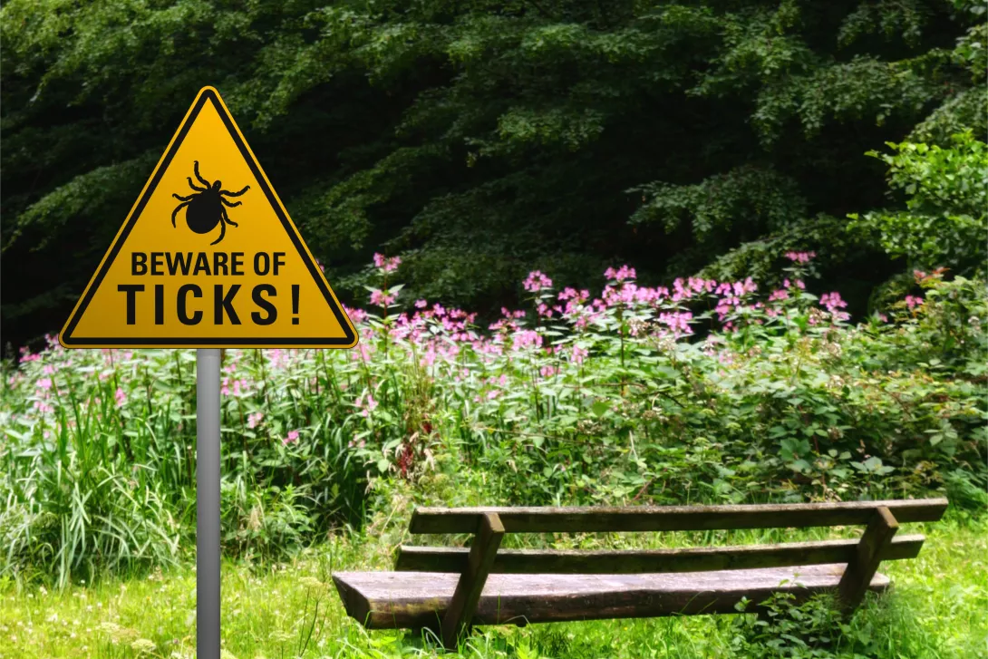 Beware of ticks sign in nature with bench