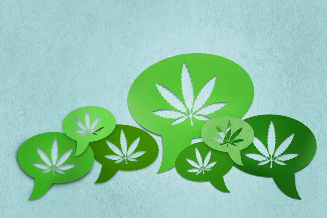Graphic of multiple green speech bubbles with a cannabis leaf in each of them